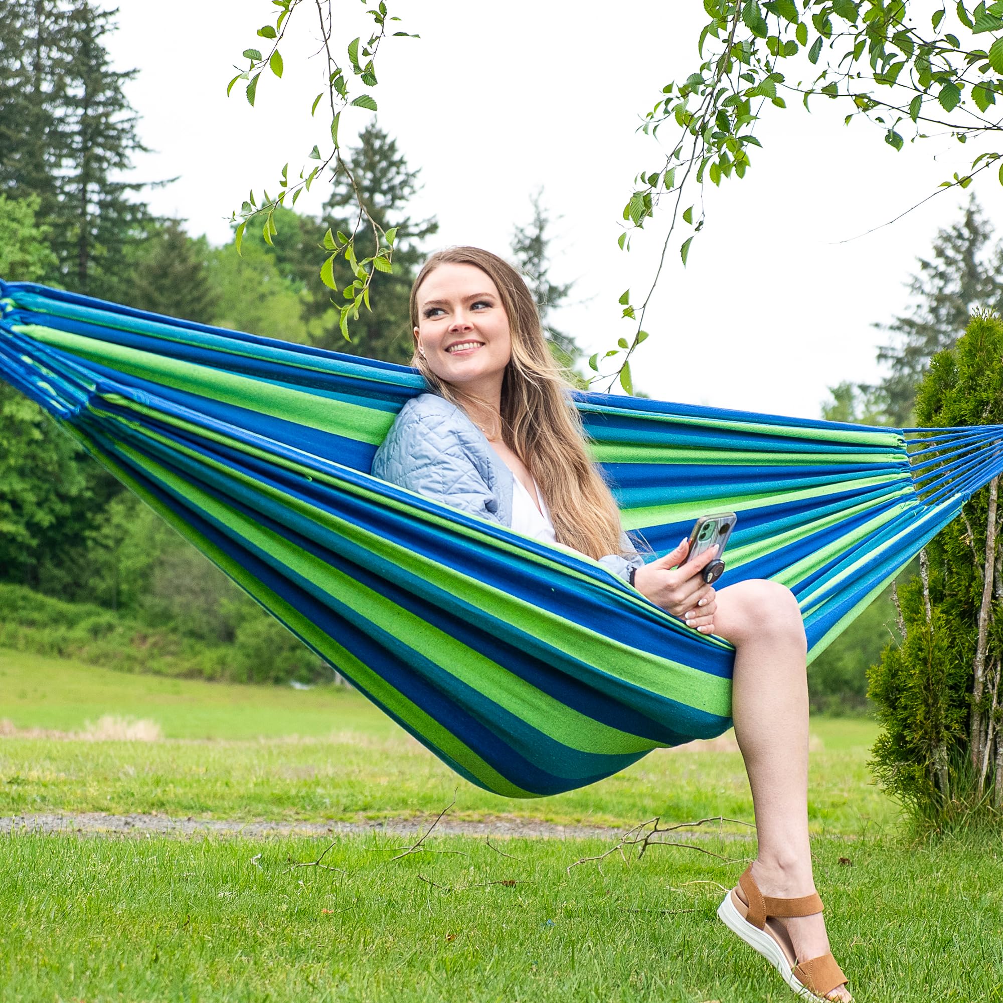 Suncreat hammock bed sized 98 by 59 inches for two-person lounging.