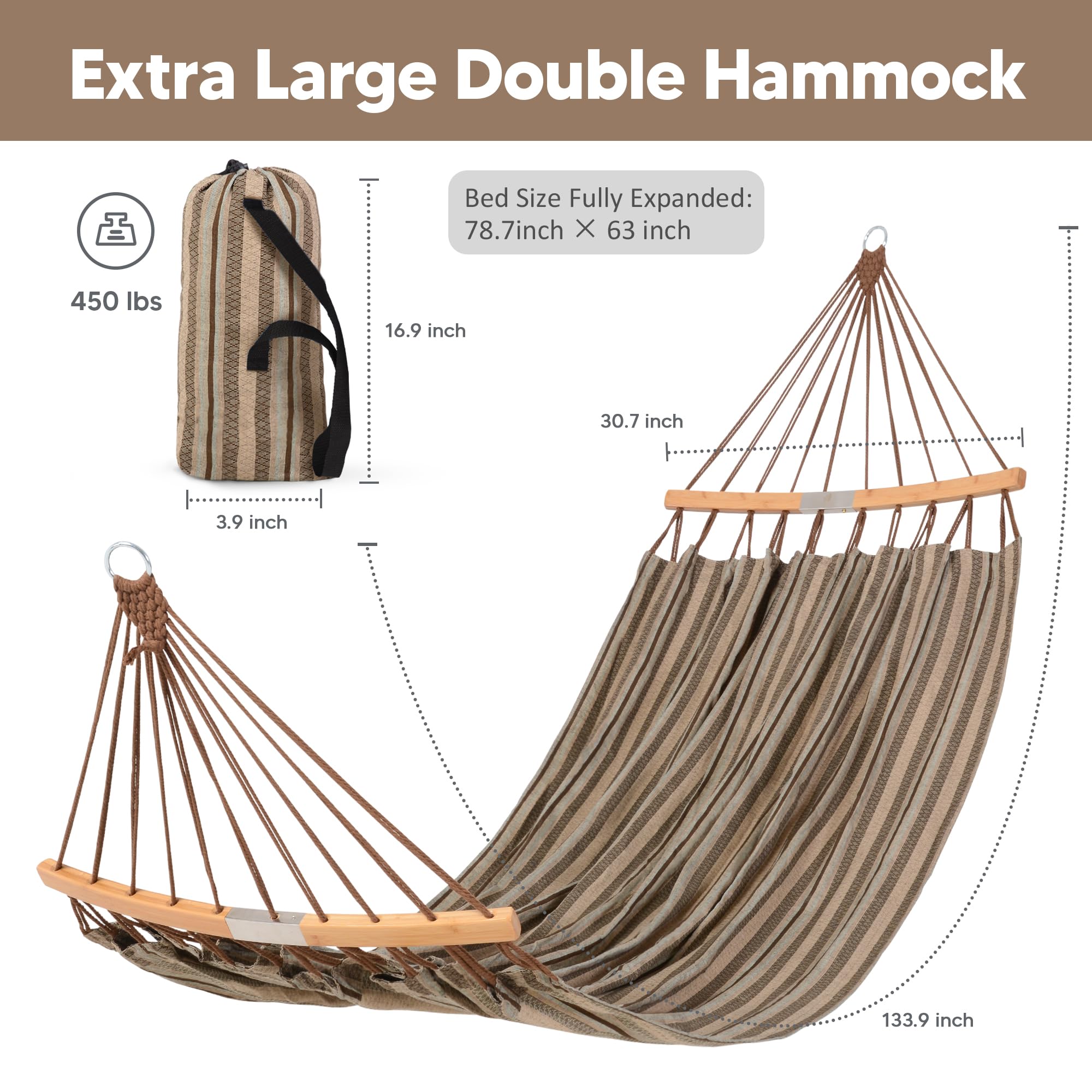 SUNCREAT hammock bed size 78.7 by 63 inches for two-person comfort.