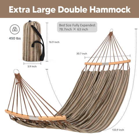 SUNCREAT hammock bed size 78.7 by 63 inches for two-person comfort.