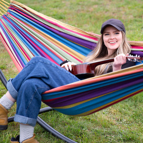 Suncreat hammock fabric close-up shows breathable poly-cotton texture.