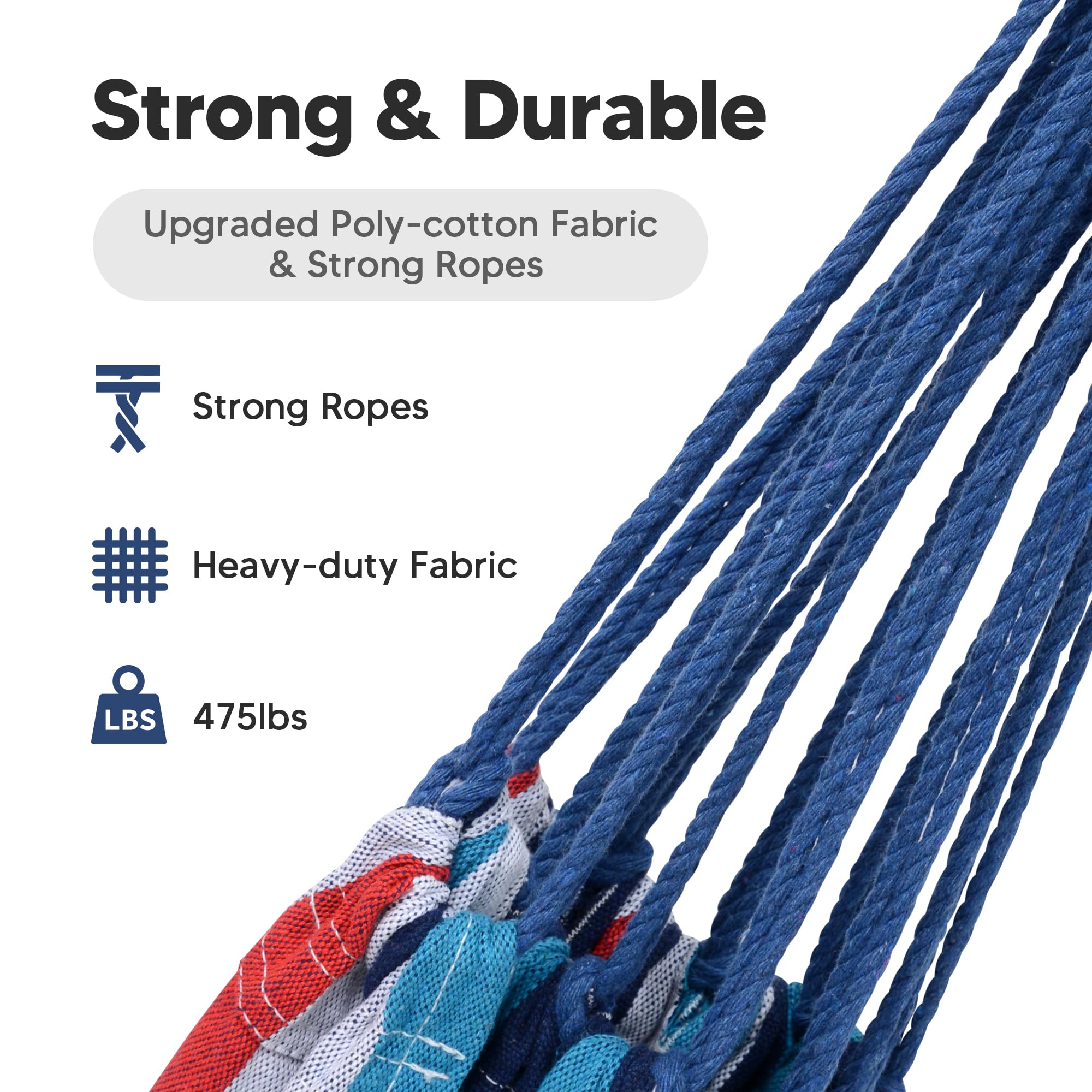 SUNCREAT hammock heavy-duty poly-cotton weave offers long-lasting comfort.