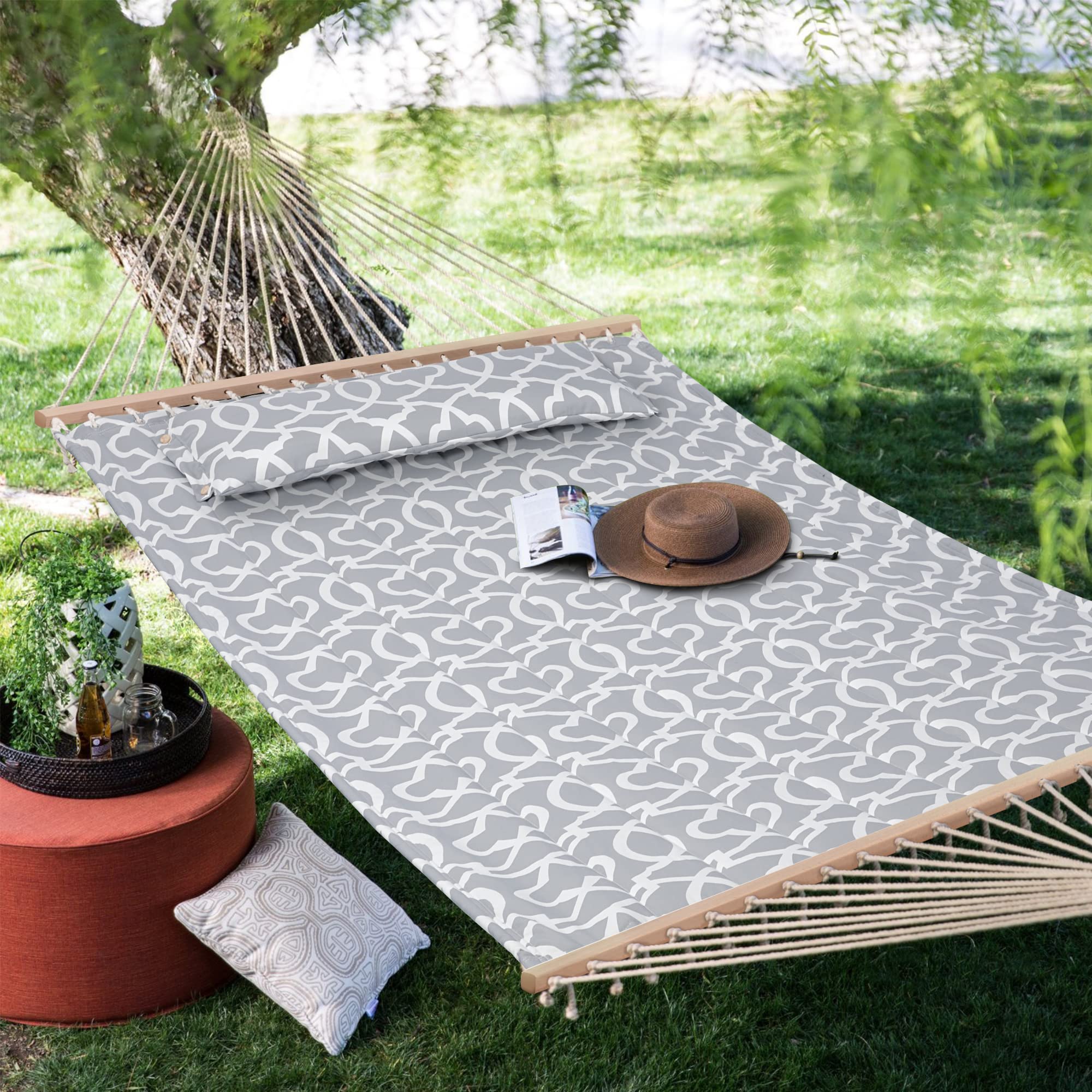 SUNCREAT indoor-outdoor hammock design fits patios, gardens, balconies.