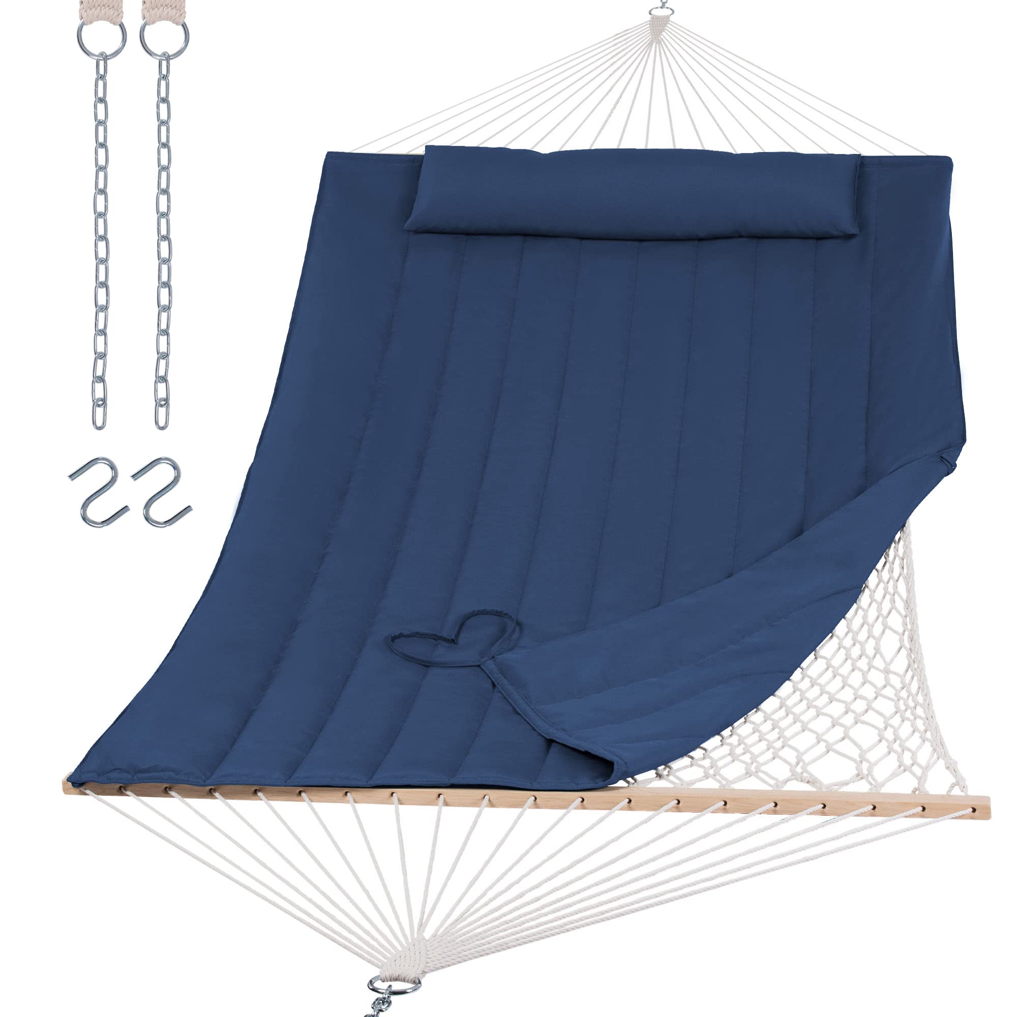SUNCREAT outdoor double hammock with wooden spreader bar for sturdy lounging