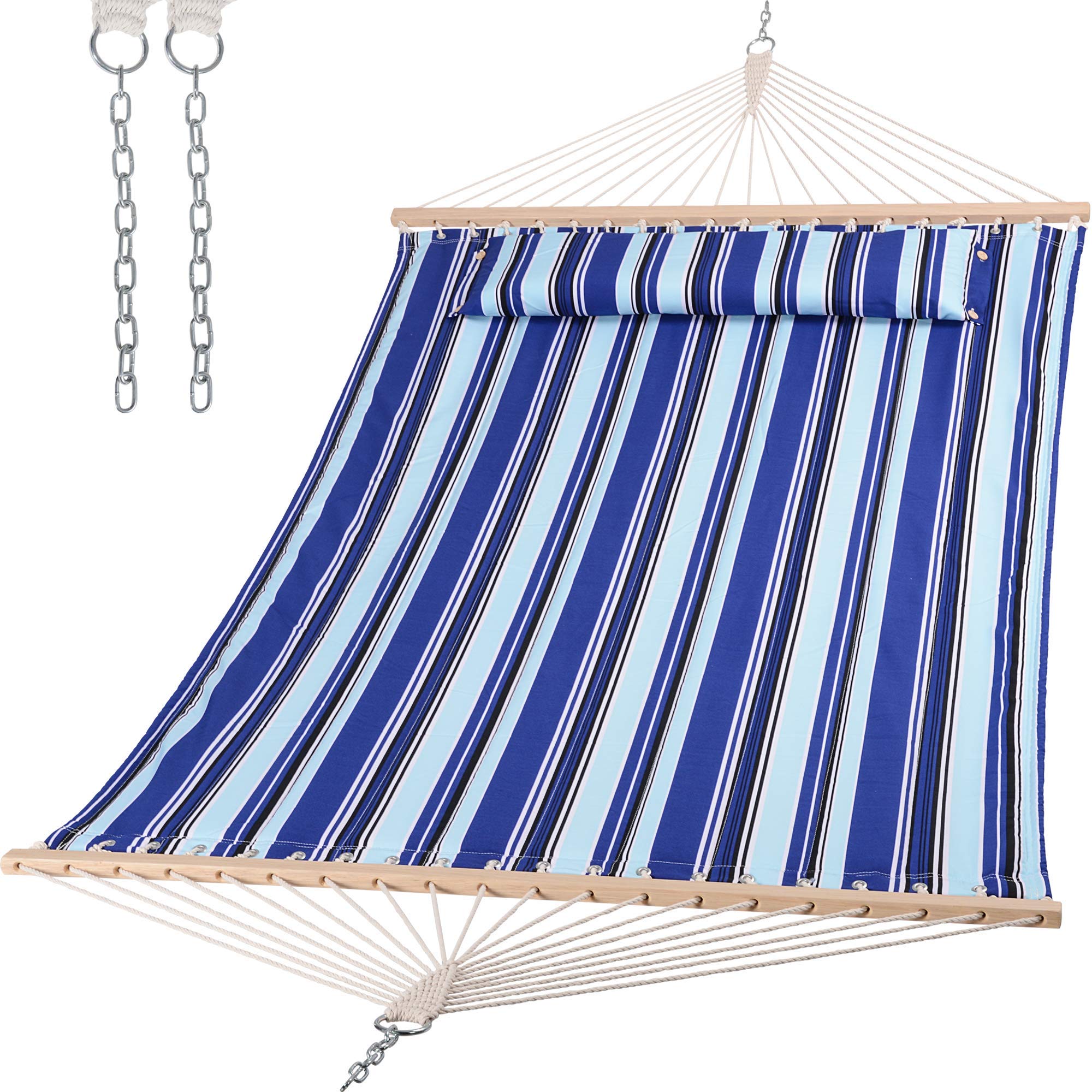 Suncreat quilted fabric hammock in blue stripes for cozy outdoor lounging