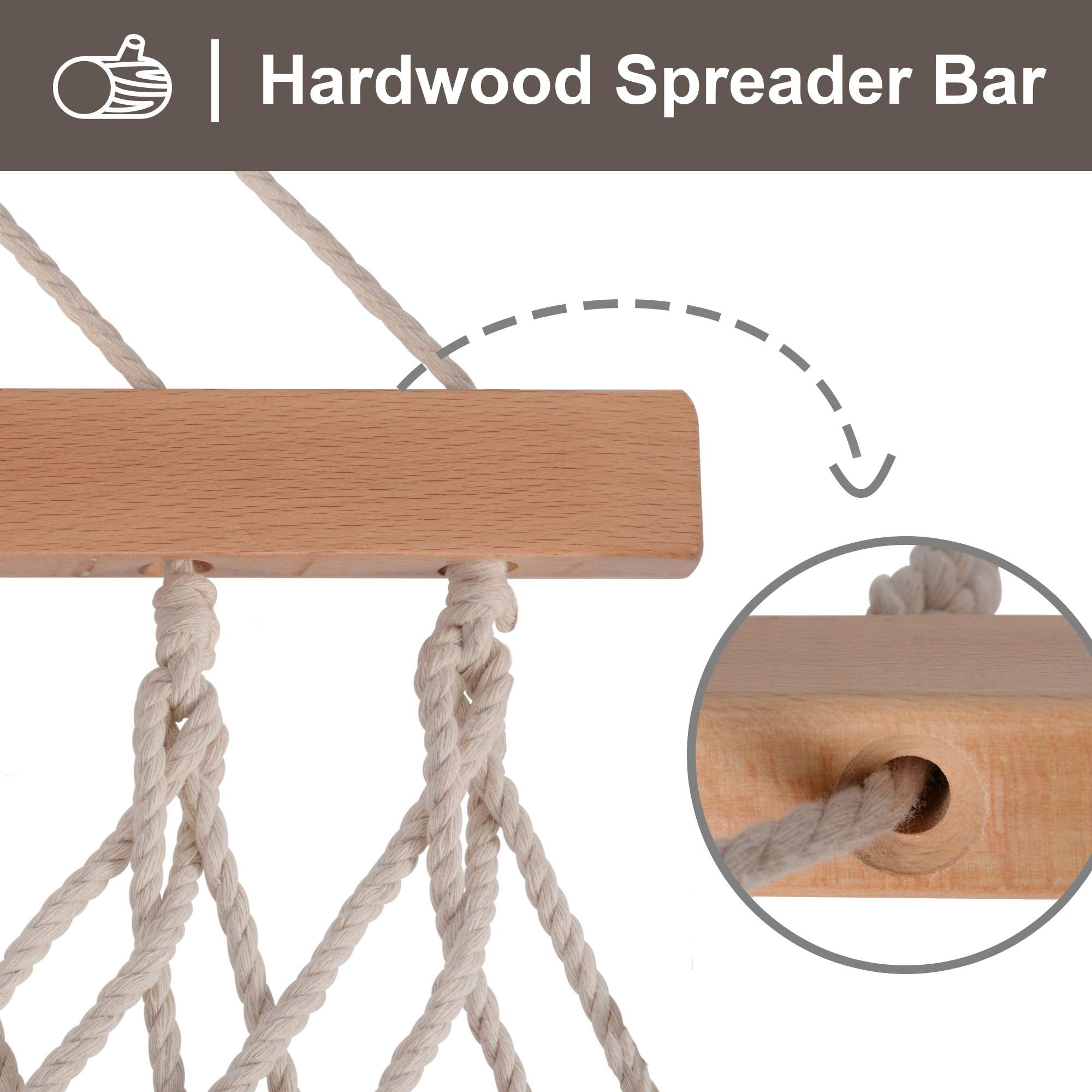 SUNCREAT 55-inch hardwood spreader bar adds stability during relaxation.