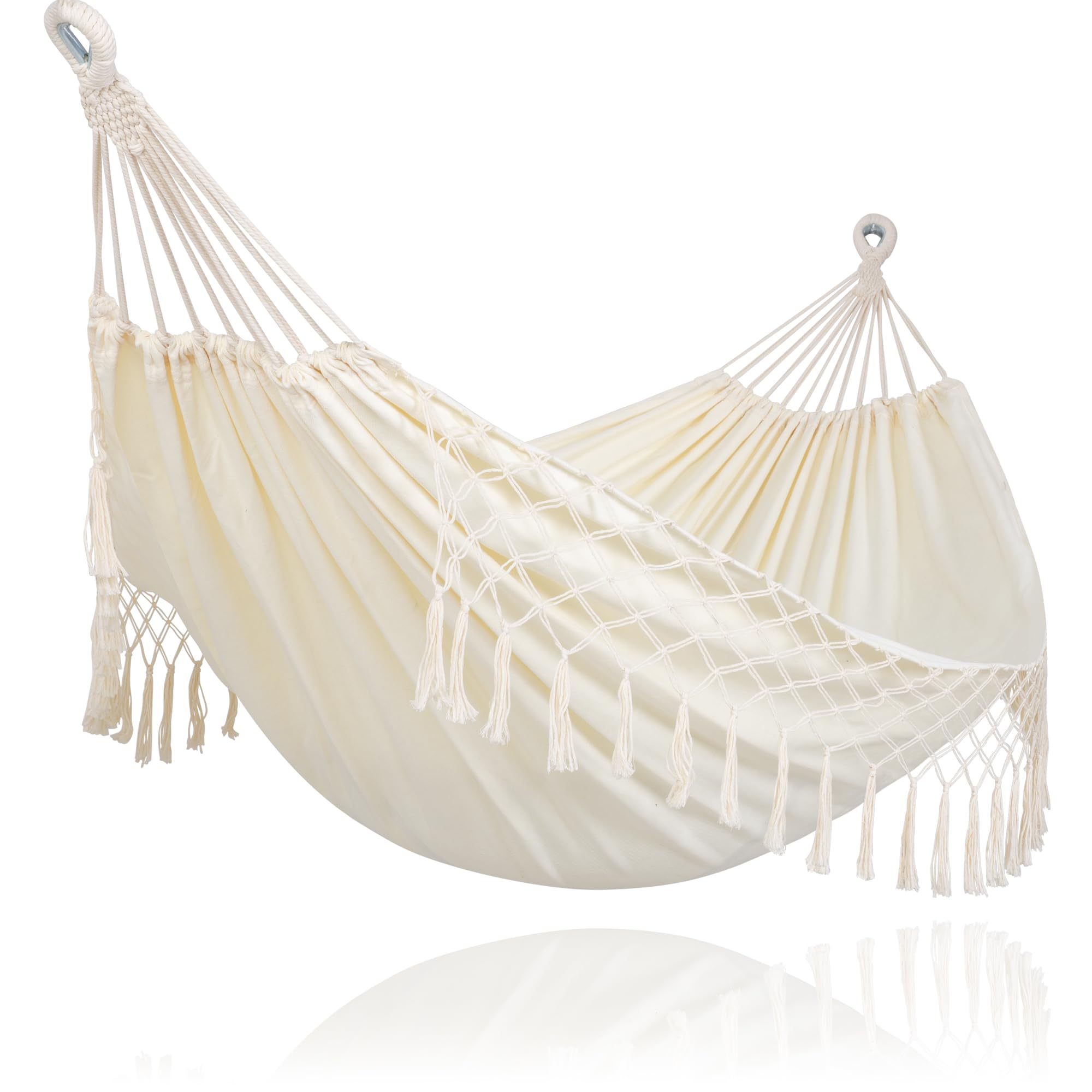 SUNCREAT portable camping hammock in beige tassels for easy outdoor relaxation.
