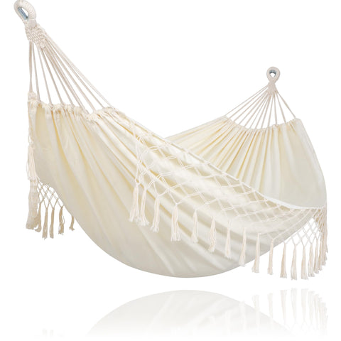 SUNCREAT portable camping hammock in beige tassels for easy outdoor relaxation.