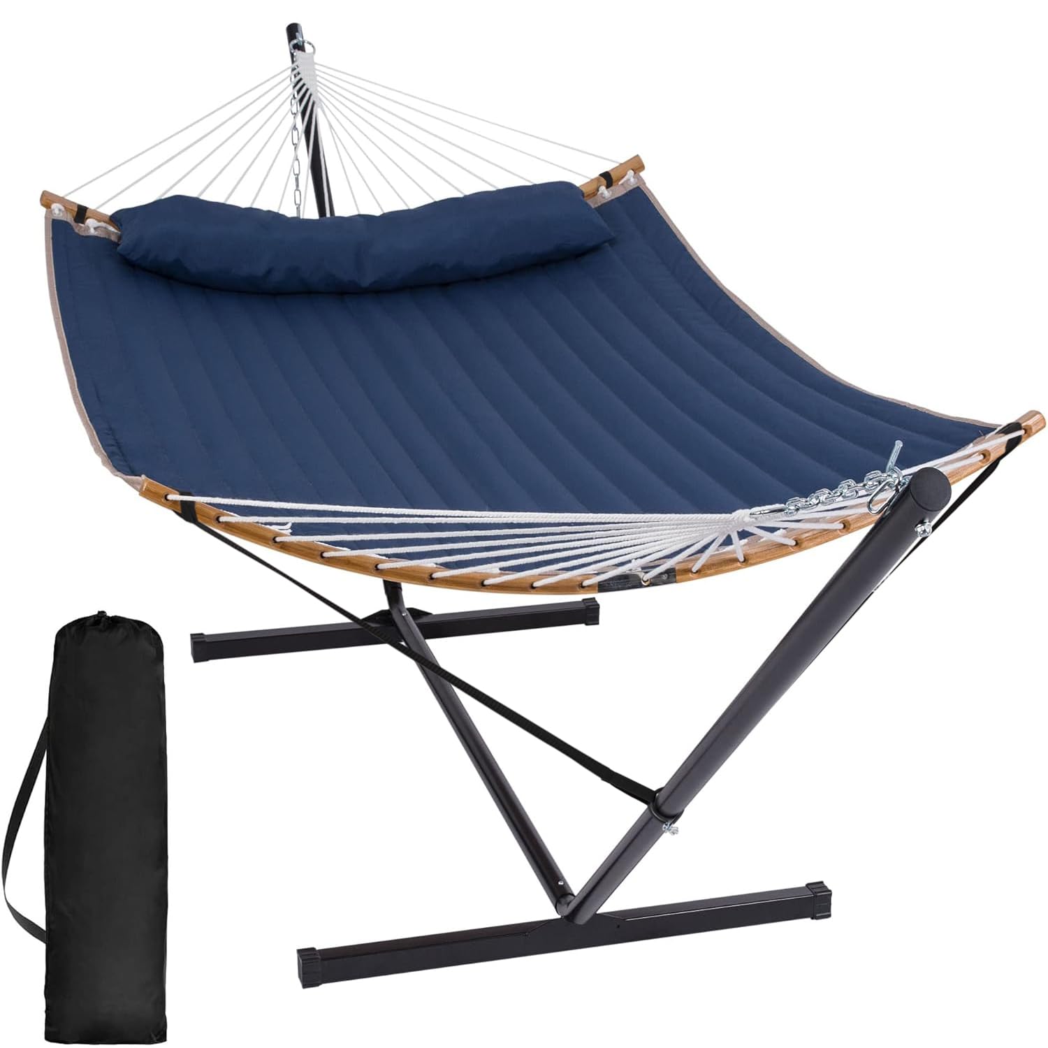 SUNCREAT portable hammock stand assembly for quick outdoor setup.