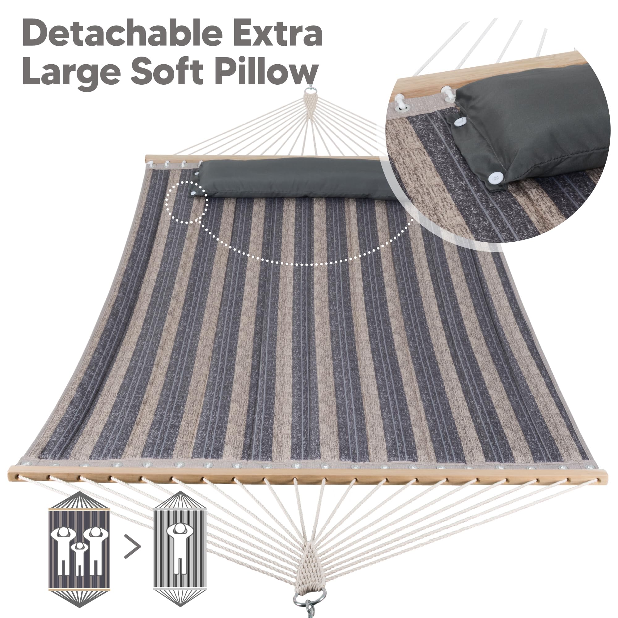 SUNCREAT quilted hammock with chains and ropes for easy, secure hanging.