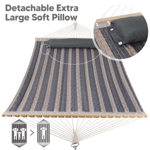 SUNCREAT quilted hammock with chains and ropes for easy, secure hanging.