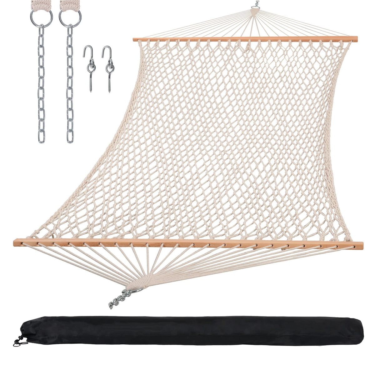 SUNCREAT traditional rope double hammock with spreader bar for outdoor lounging.