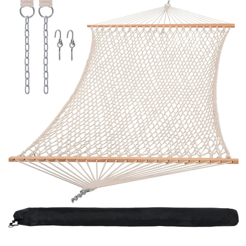 SUNCREAT traditional rope double hammock with spreader bar for outdoor lounging.