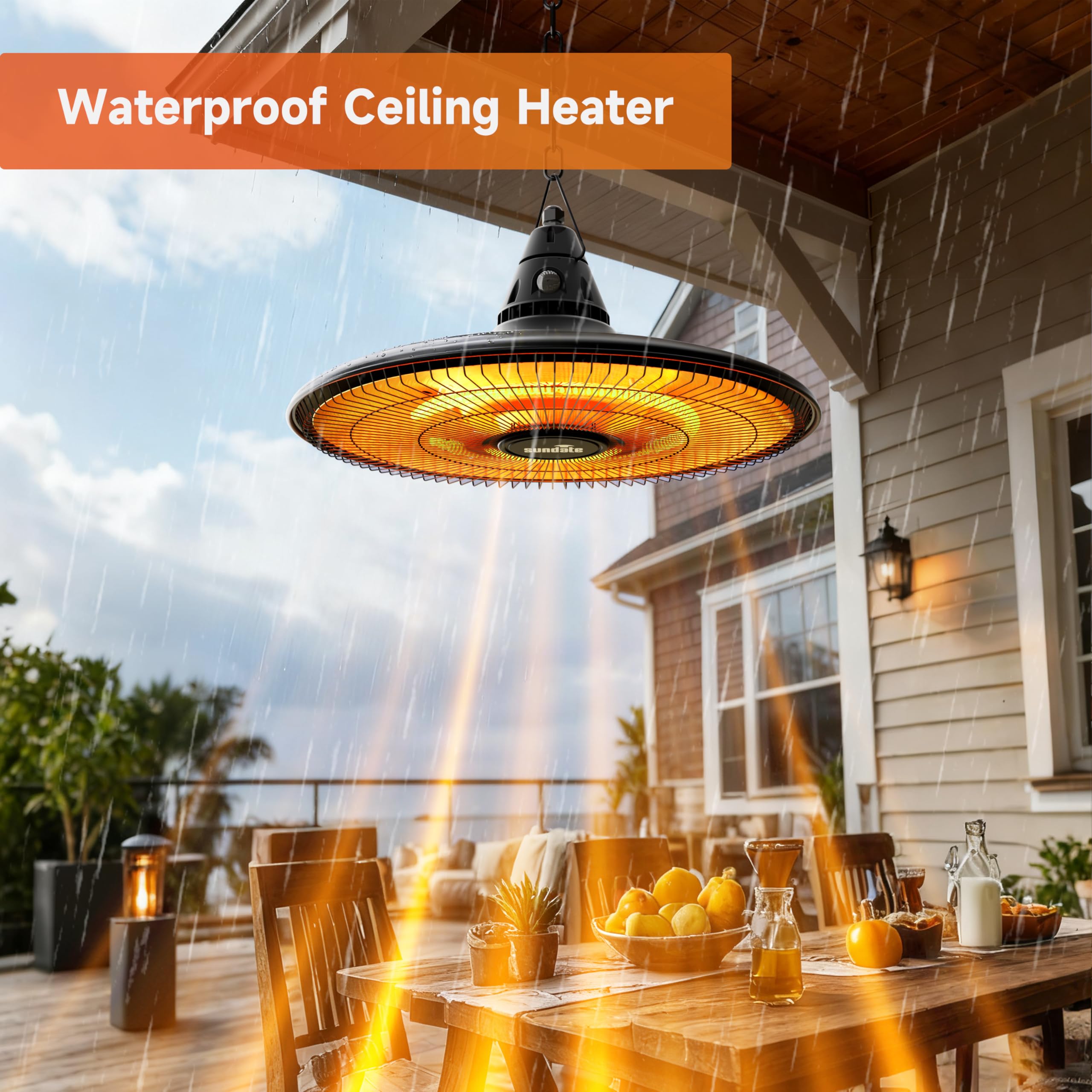 Sundate Hanging Heater 360-degree heat distributes warmth around the space.