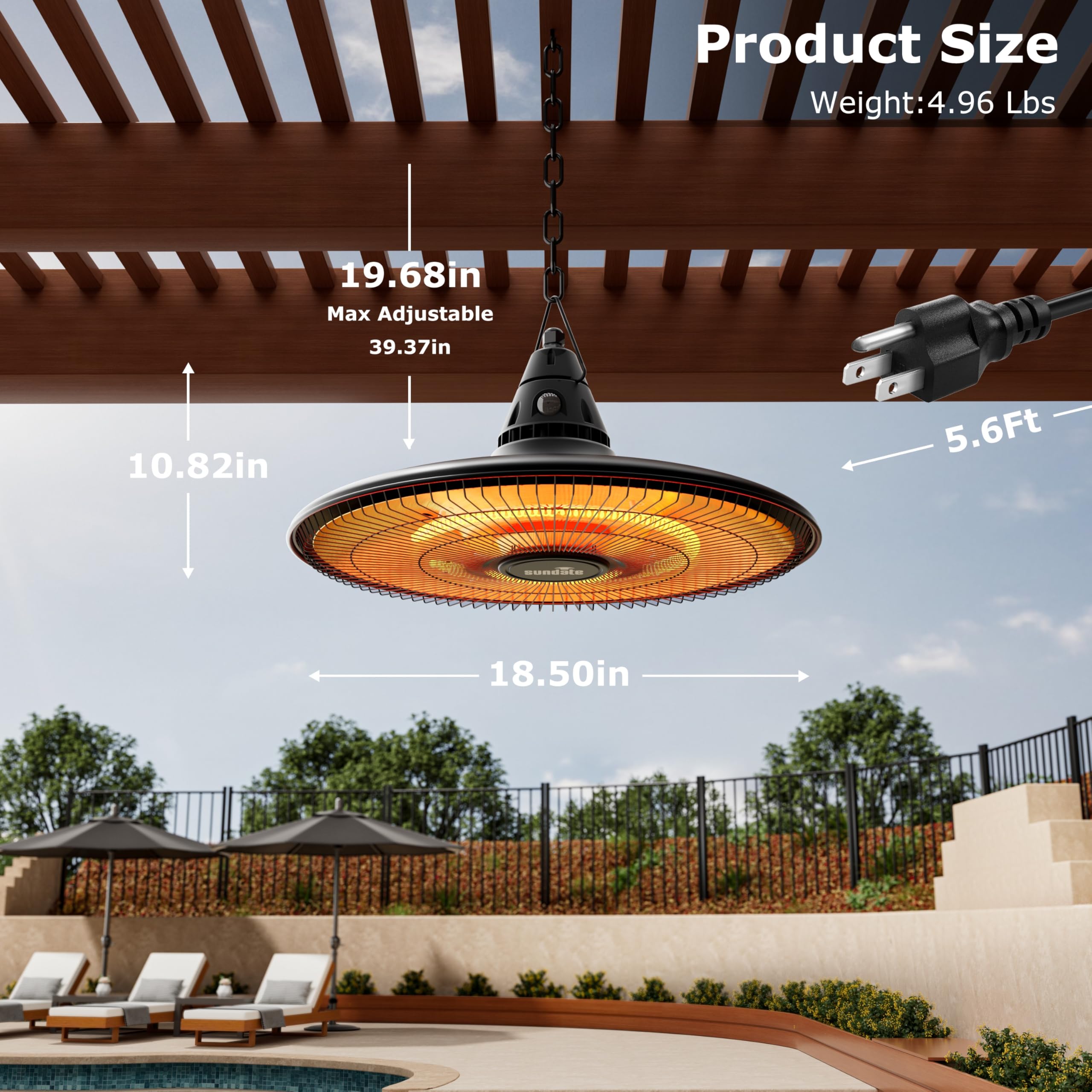 Sundate Hanging Heater outdoor use for patios and courtyards.