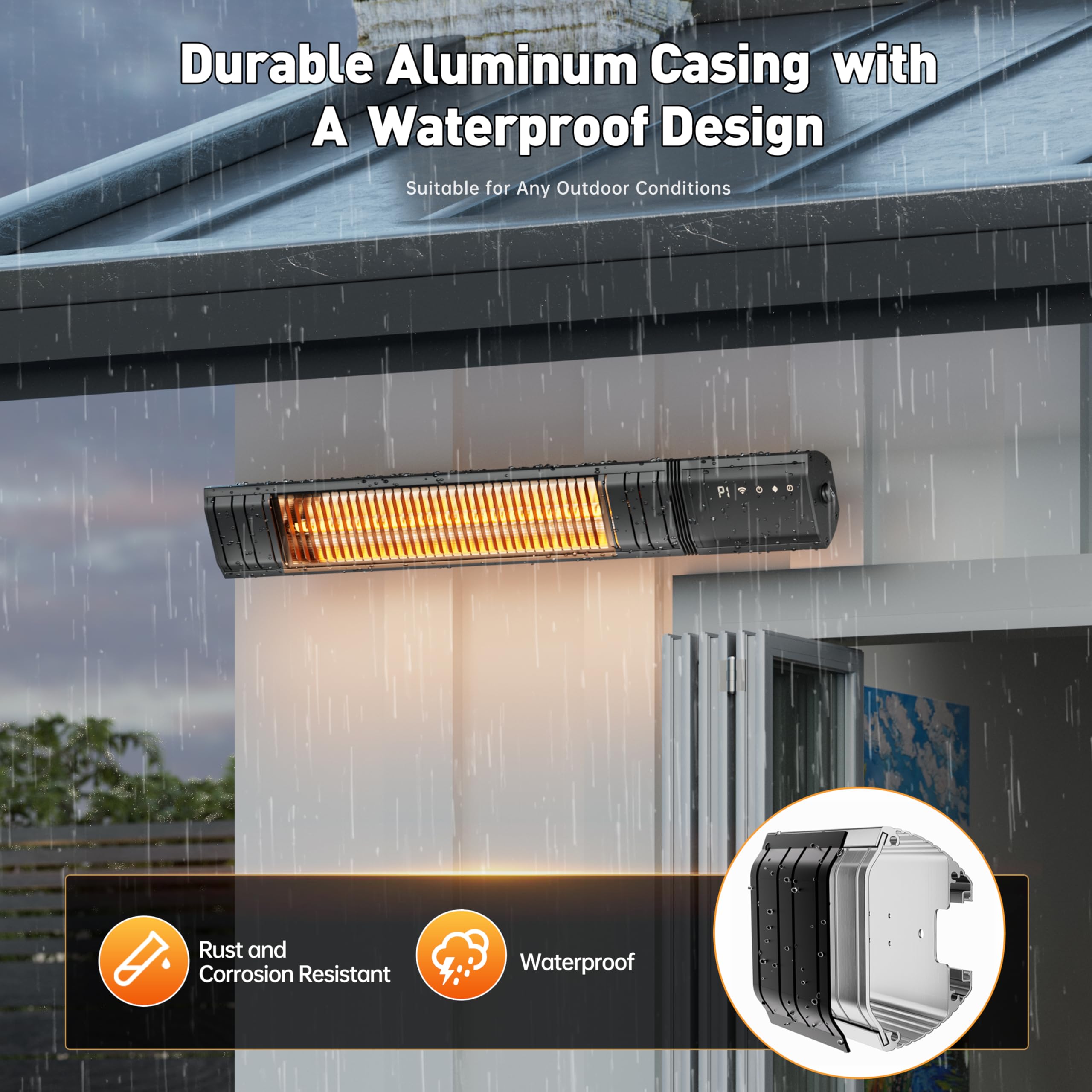 Sundate weatherproof metal cover protects the heater in all conditions