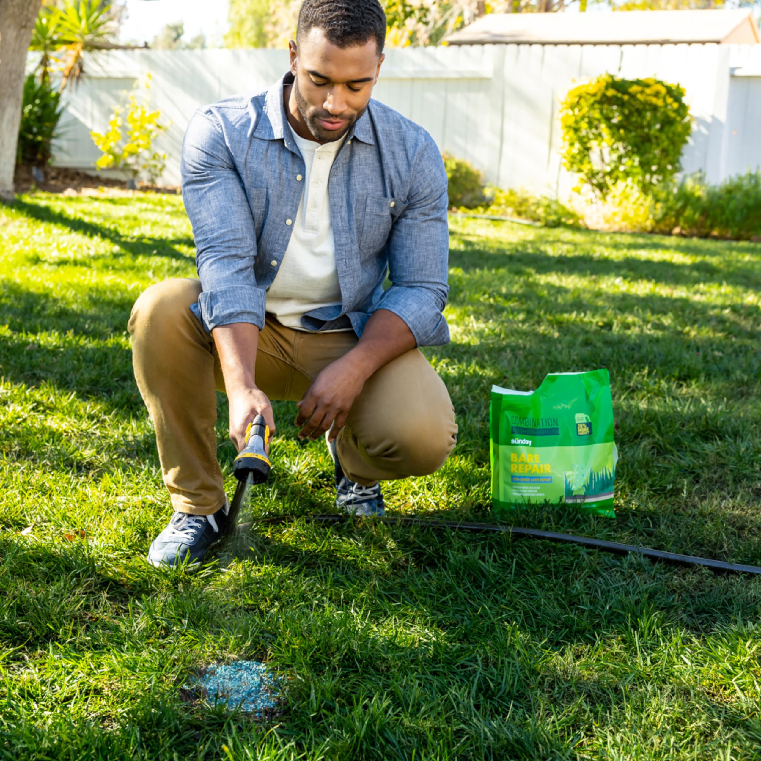 SUNDAY Bare Repair blends ryegrass and fine fescue for a natural look under sun and shade.