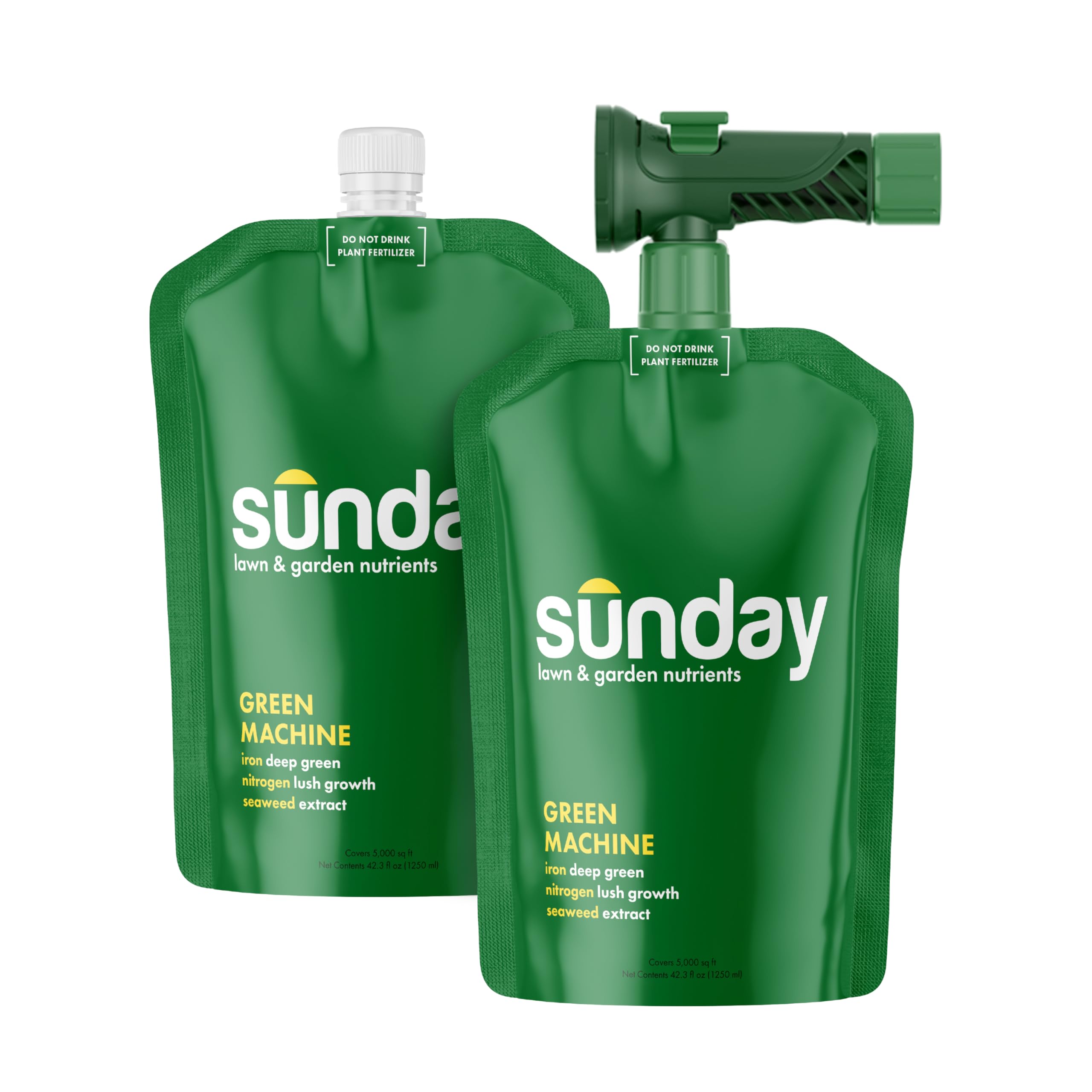 SUNDAY Green Machine fertilizer bottle front for vibrant lawn growth.