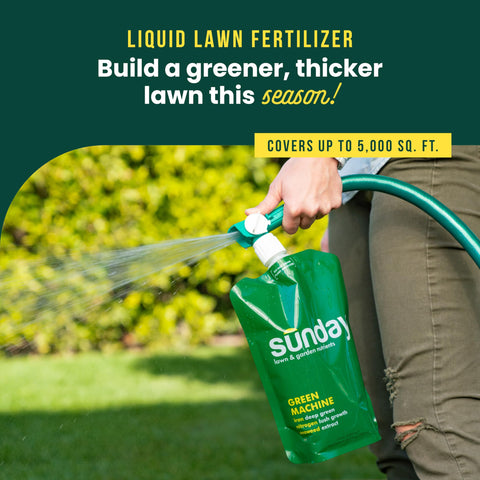 SUNDAY Green Machine fertilizer with sprayer attachment for quick, even application.