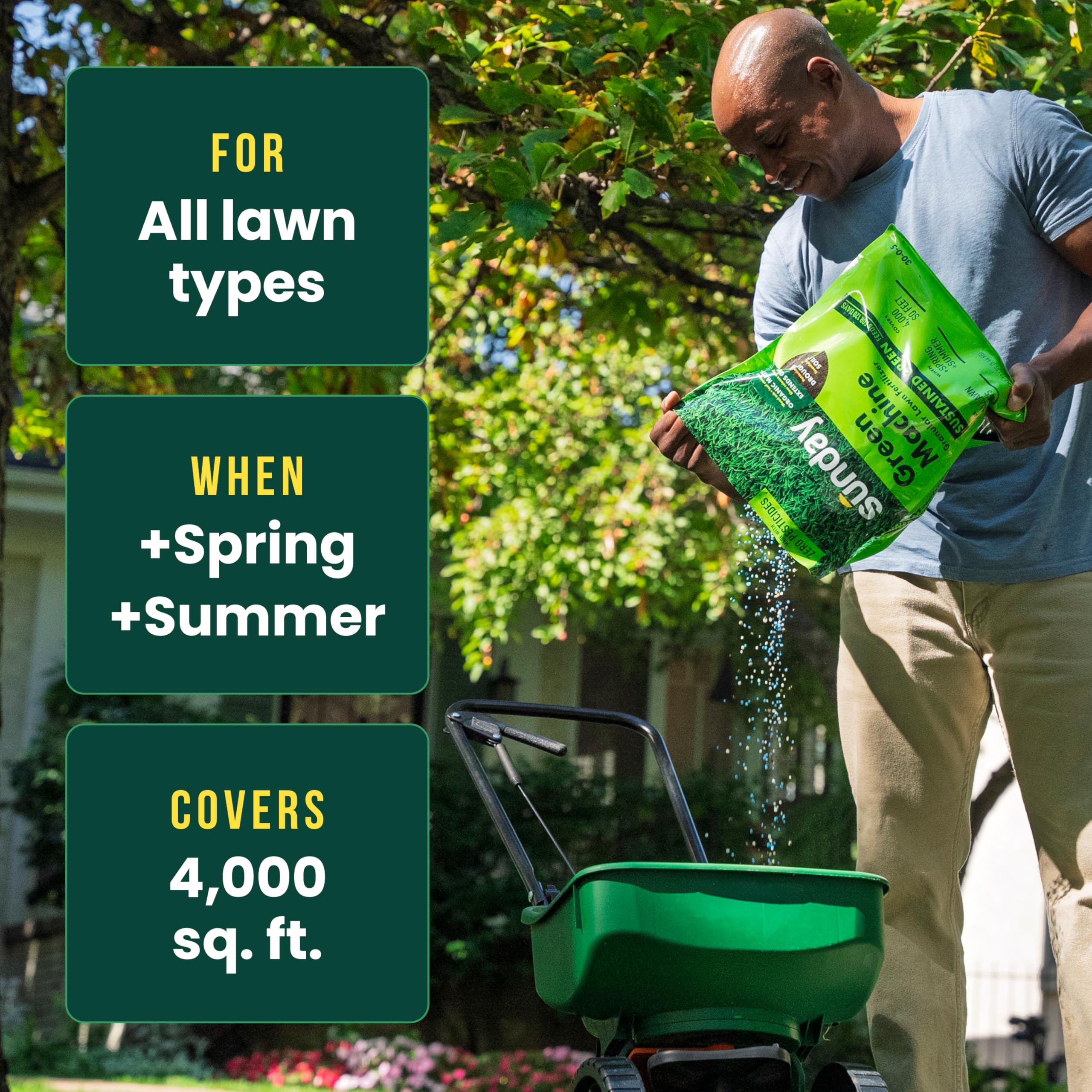 Sunday Green Machine fertilizer bag label highlighting 30-0-5 mix and 120 days.