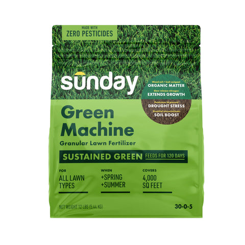 Sunday Green Machine granular fertilizer bag ready for easy lawn feeding.