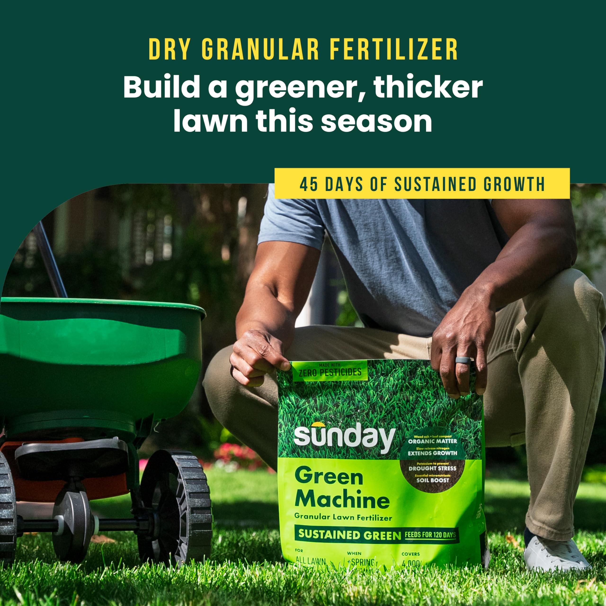 Sunday Green Machine granular fertilizer granules closeup promoting steady nutrient release.