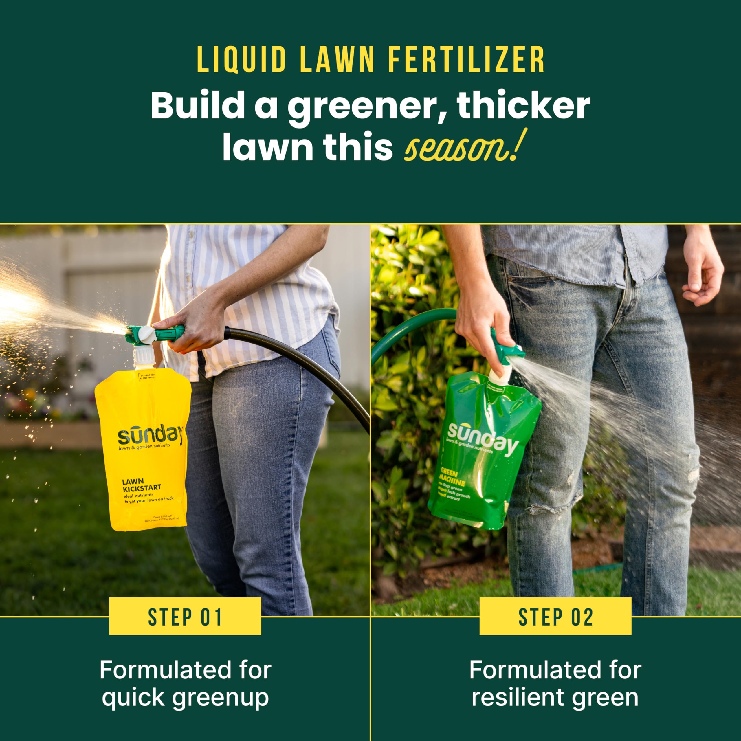 Sunday Green Machine liquid bottle for even nutrient delivery to lawns.