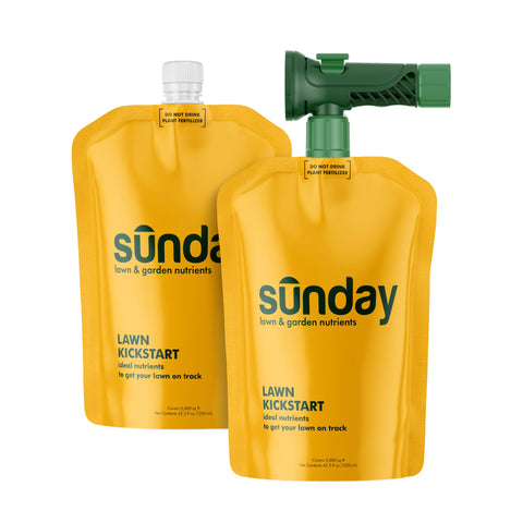 Sunday Lawn Kickstart fertilizer bottle for quick lawn recovery and even feeding.