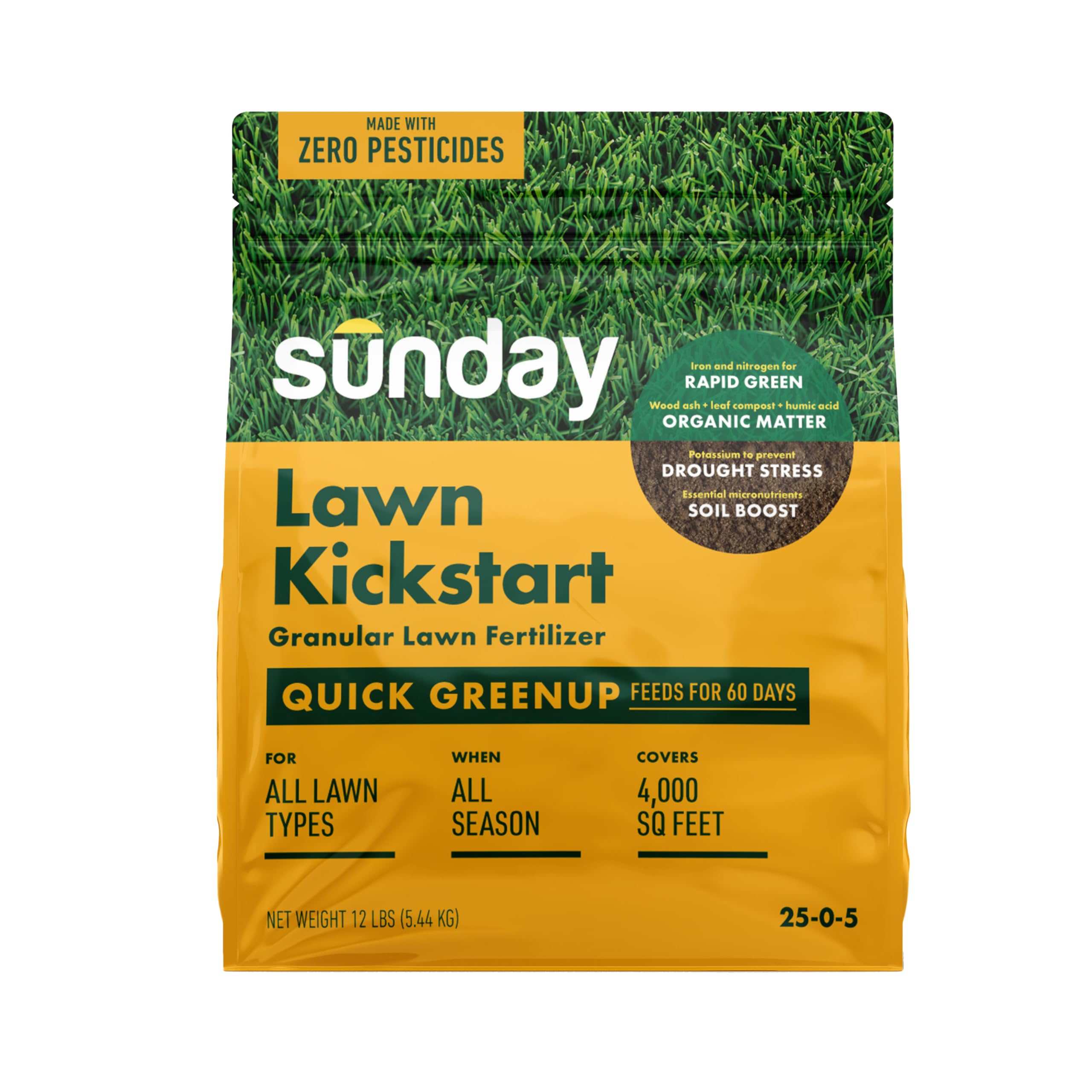 SUNDAY Lawn Kickstart granular fertilizer bag front view with quick green-up potential