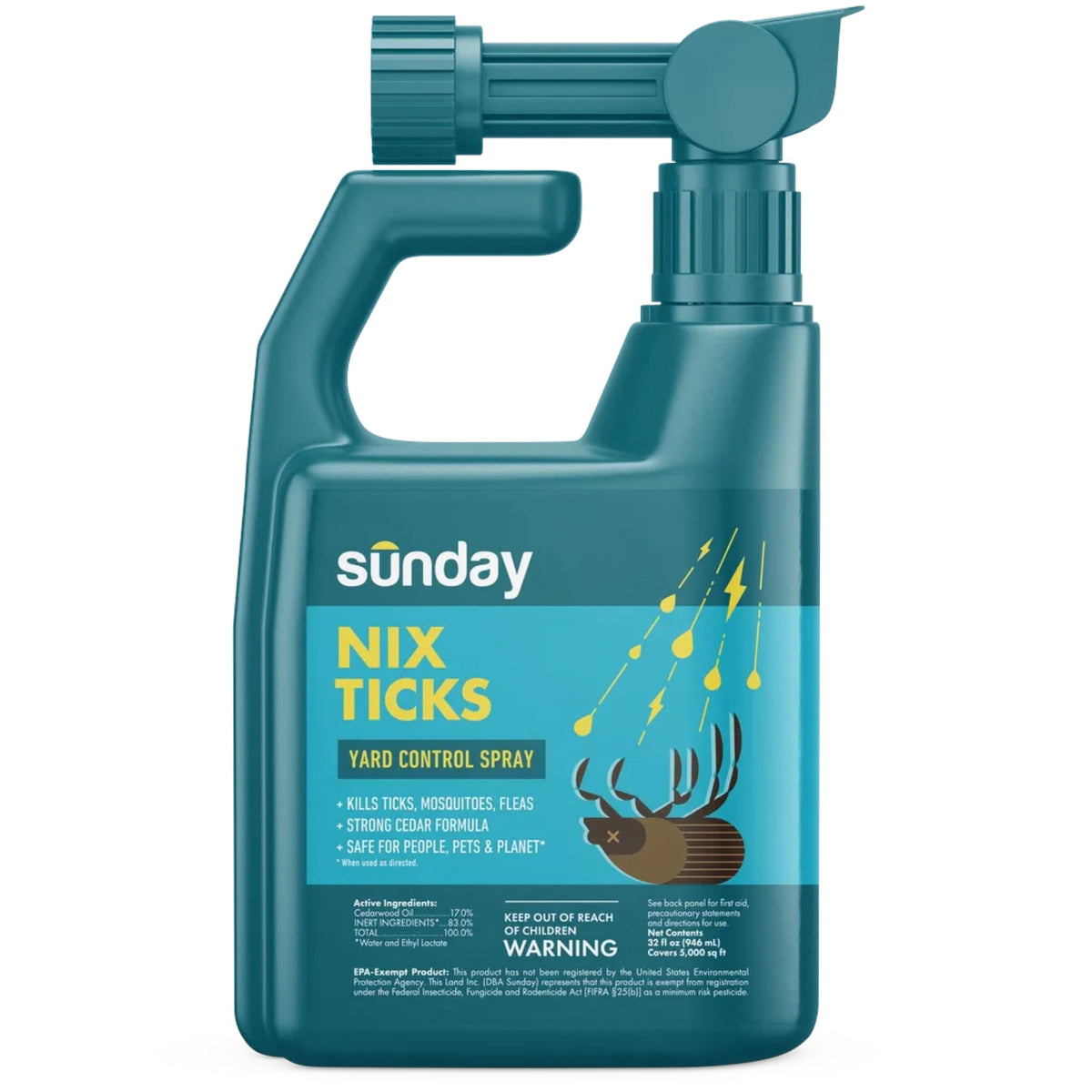 SUNDAY Nix Ticks outdoor spray bottle for yard use; kills ticks on contact.