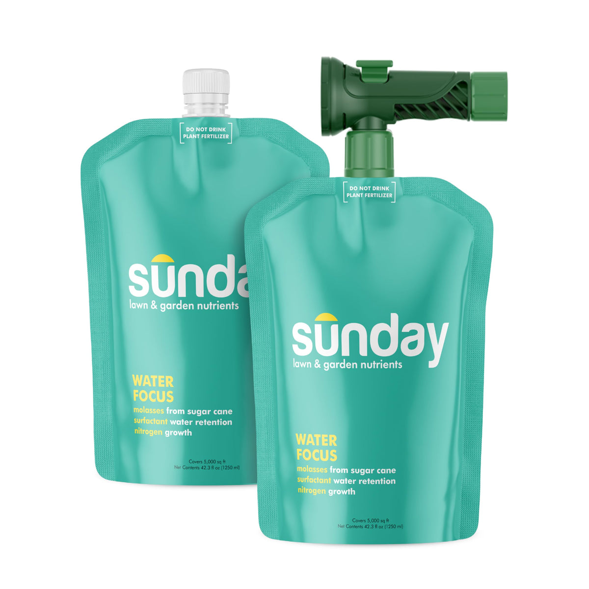 SUNDAY Water Focus bottle attachment shows quick hose setup for drought-ready lawns.