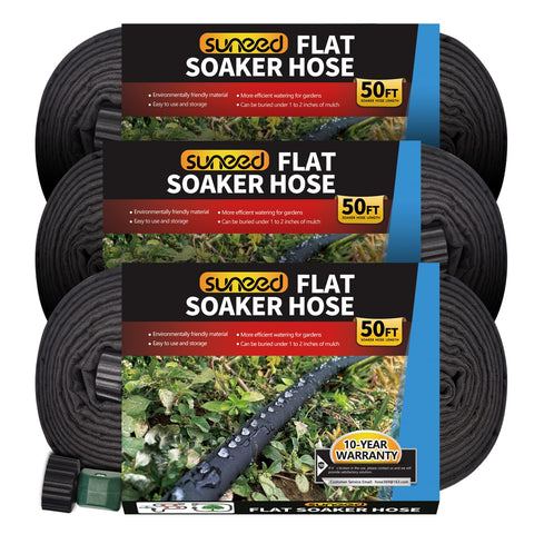 Suneed 3-pack flat soaker hose 50 ft rolled for easy setup.
