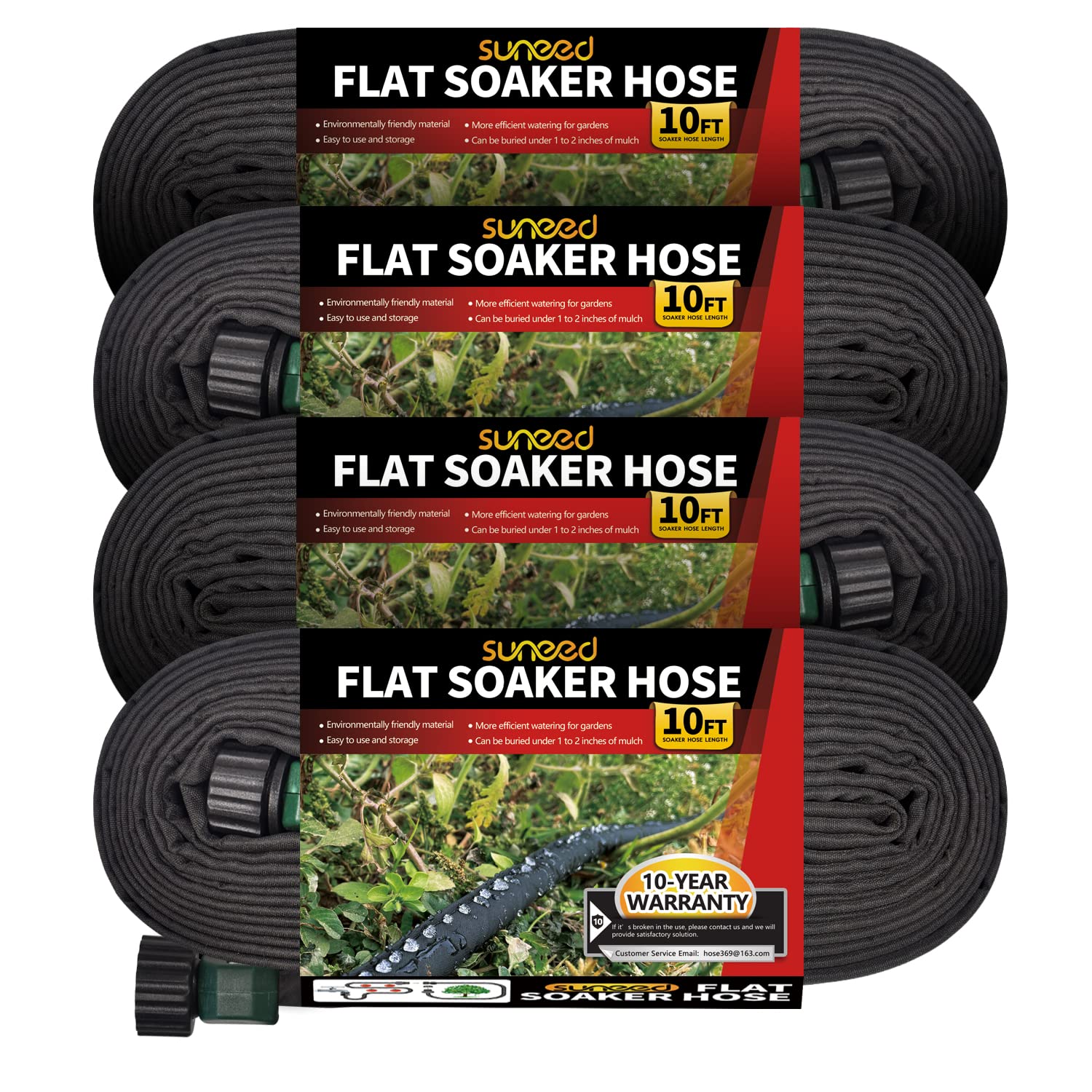 Suneed flat soaker hose promotes even watering along garden beds.