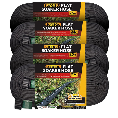 Suneed flat soaker hose laid out to show even garden bed coverage.