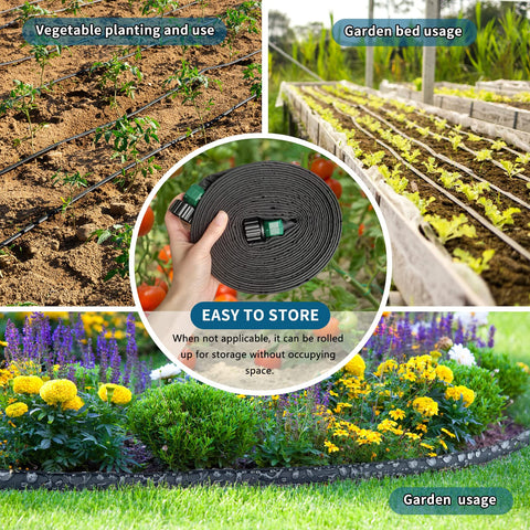 Suneed flat soaker hose durable material resists sun and wear.