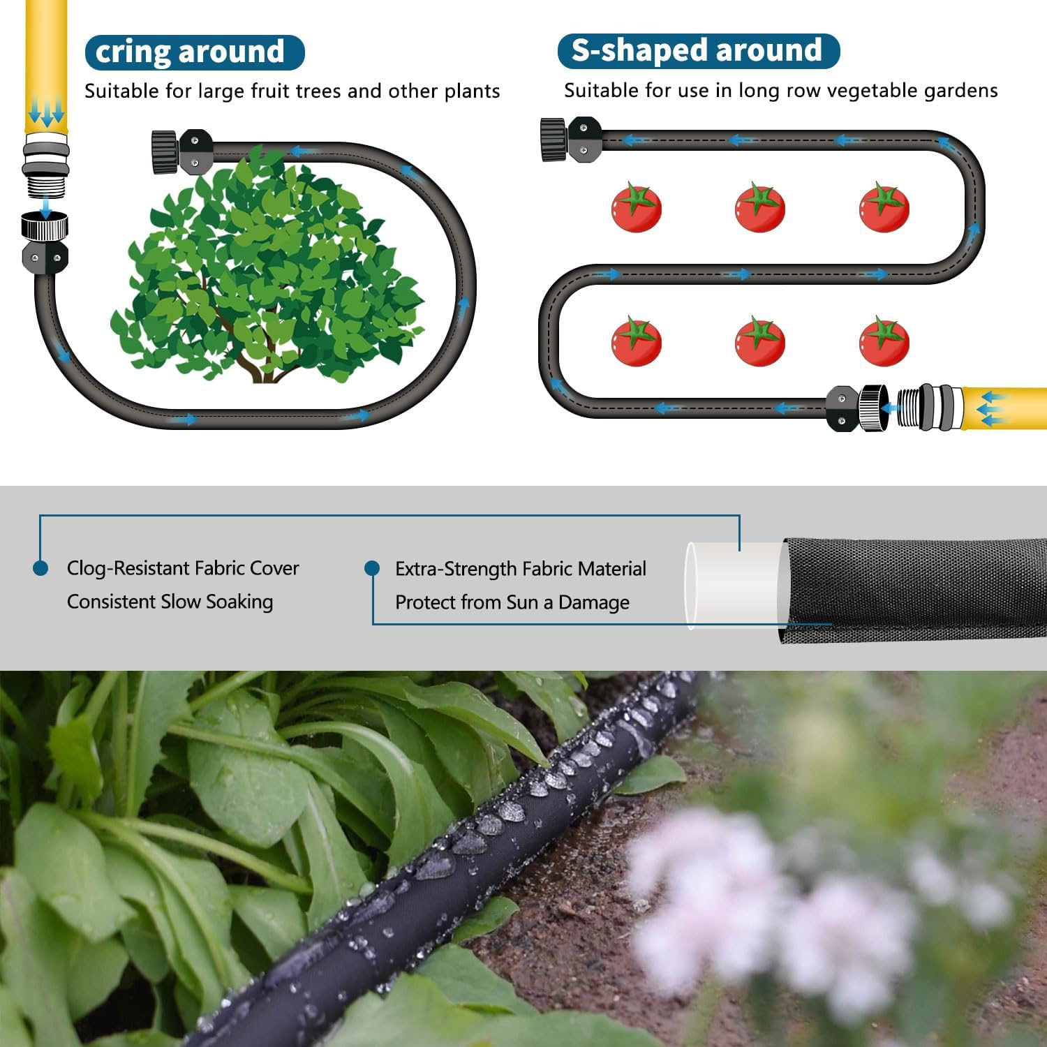 Suneed flat soaker hose used in a garden bed for even watering.