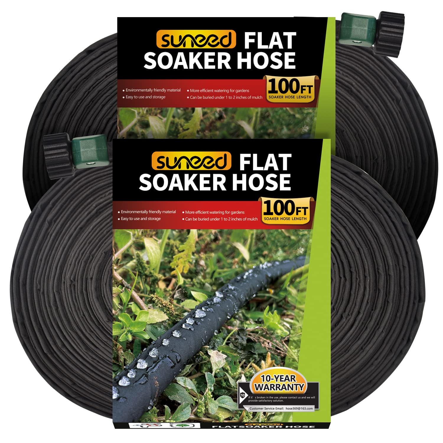 Suneed flat soaker hose on a garden bed delivering even irrigation