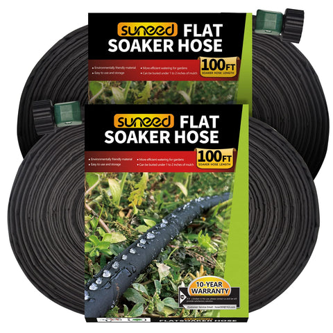 Suneed flat soaker hose on a garden bed delivering even irrigation