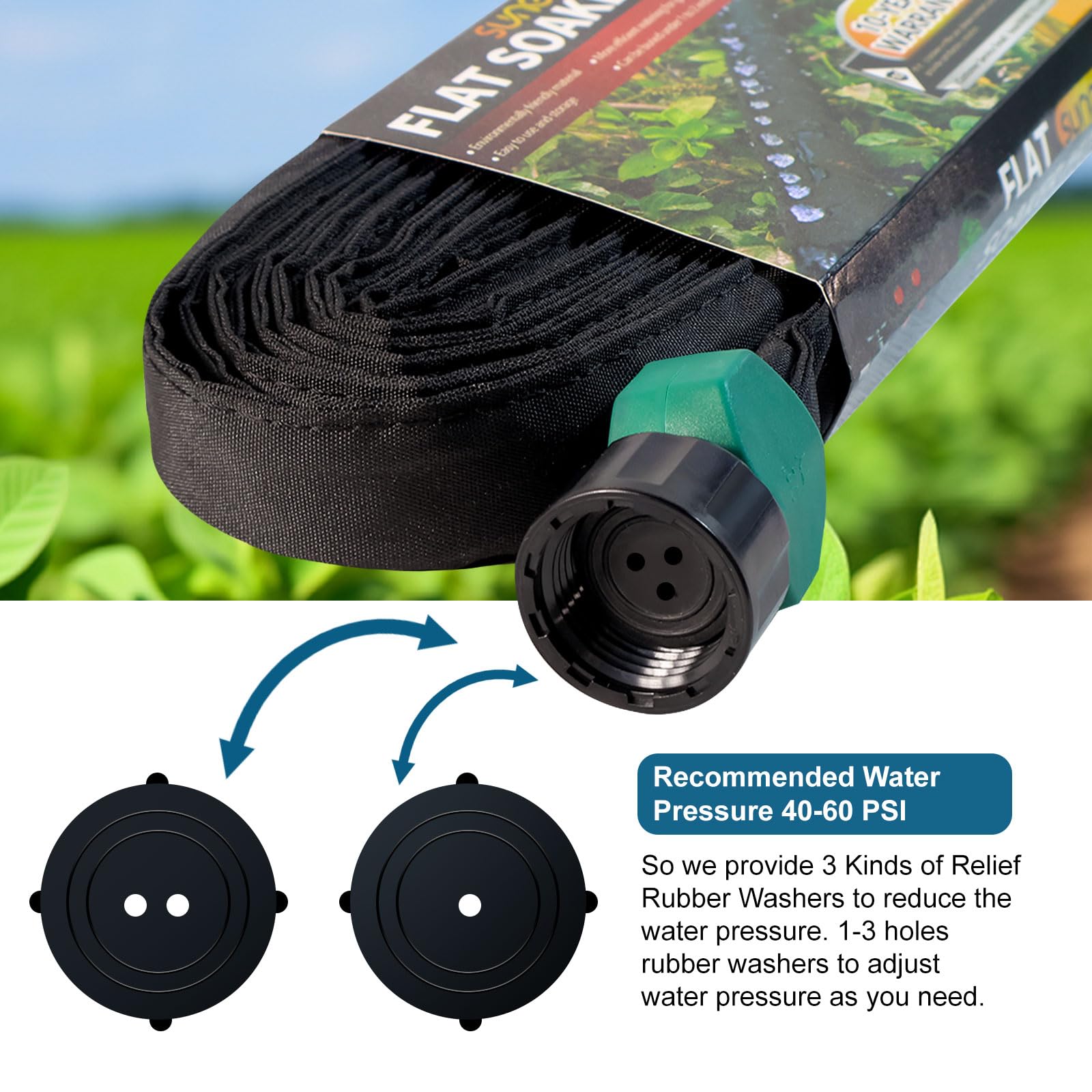 Suneed flat soaker hose watering a garden bed near roots.