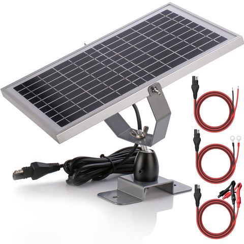 SUNER POWER 10W solar panel charger keeps 12V batteries topped up efficiently.