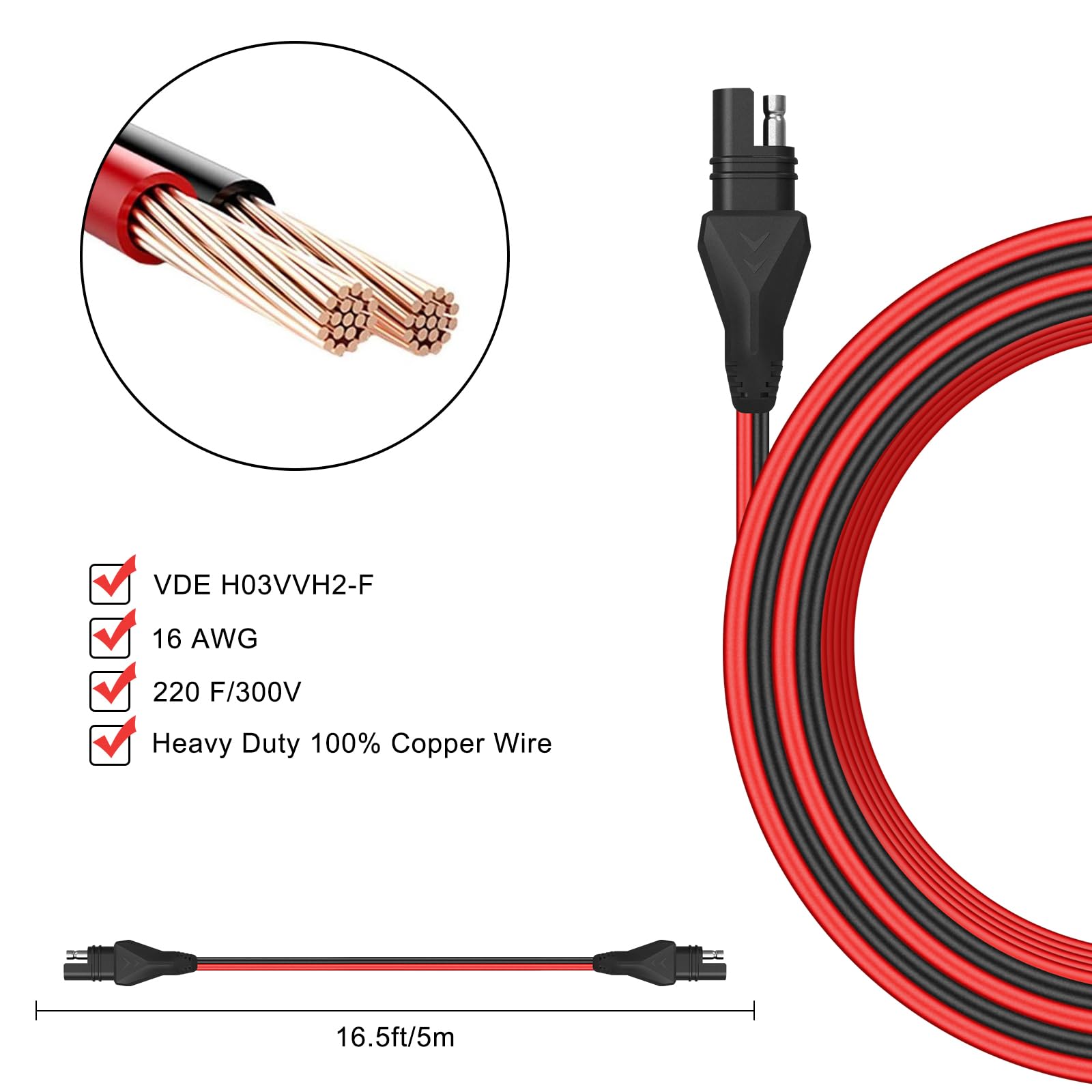 SUNER POWER heavy-duty 16 AWG copper wire ensures reliable conductivity for chargers.