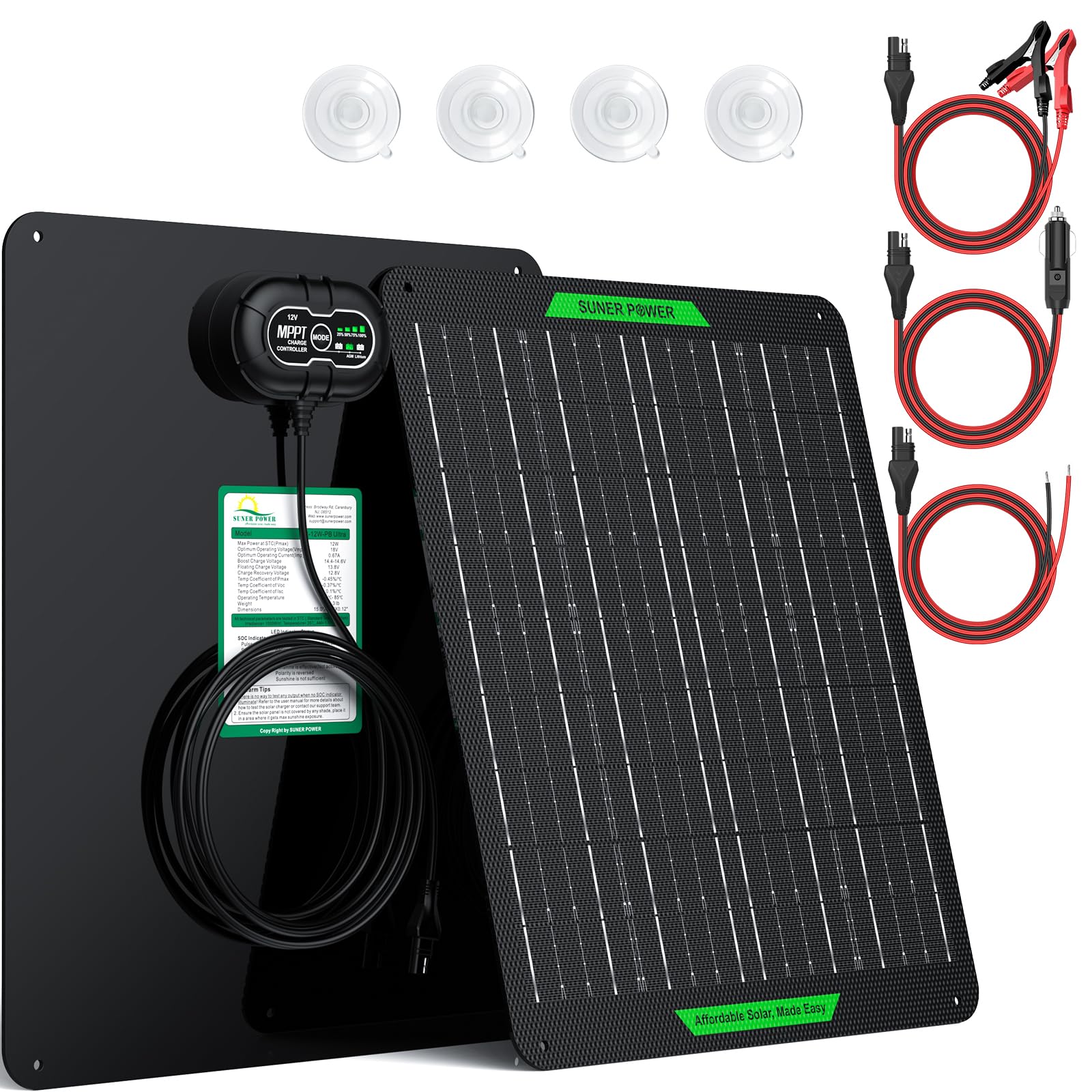 SUNER POWER waterproof 20W charger front view delivering efficient 12V solar charging
