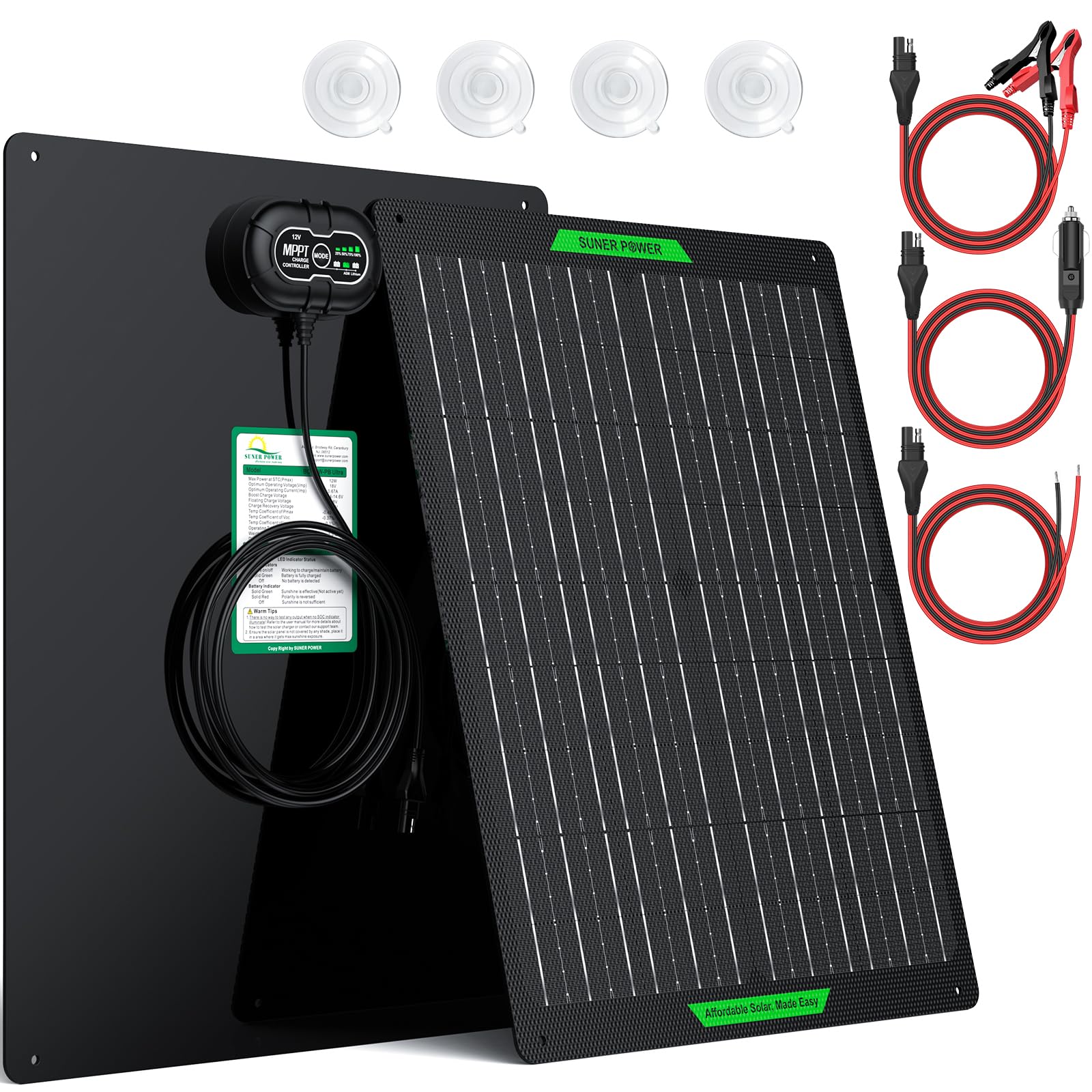 SUNER POWER 50W waterproof solar panel charging a car battery outdoors.