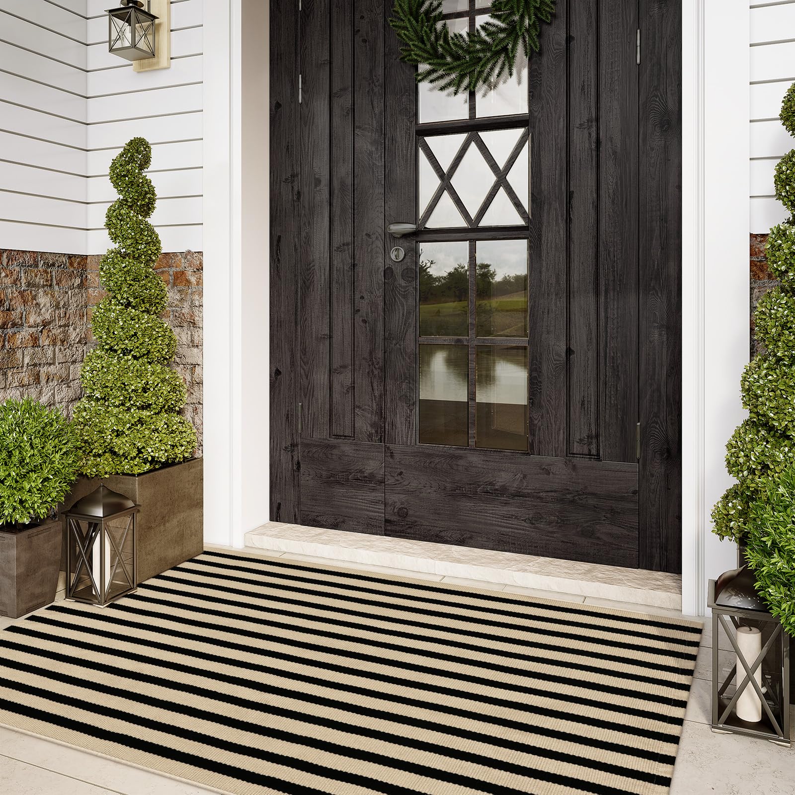 Sungea outdoor striped rug 3x5 in black and tan adds curb appeal to entryways