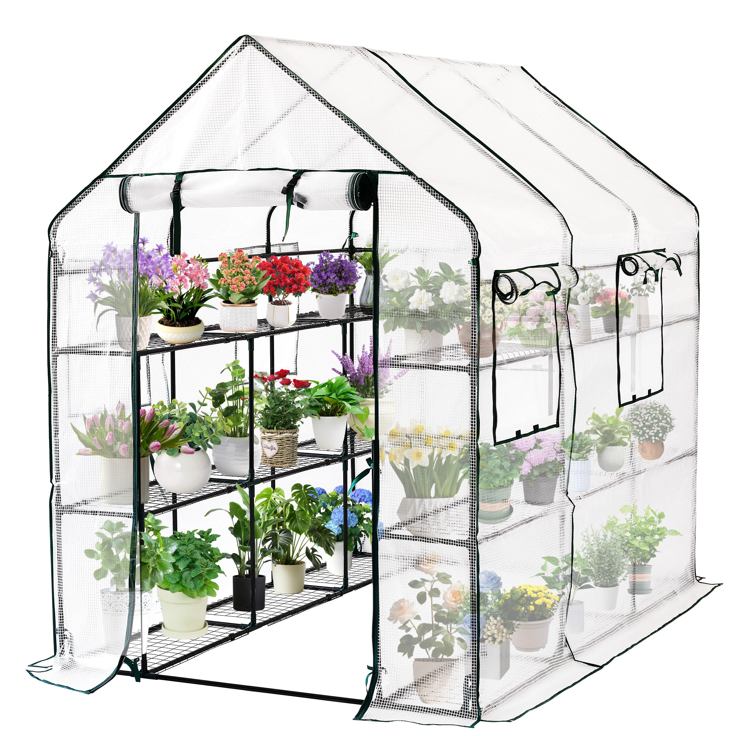 SUNGIFT walk-in greenhouse entrance with roll-up door for airflow and easy access.
