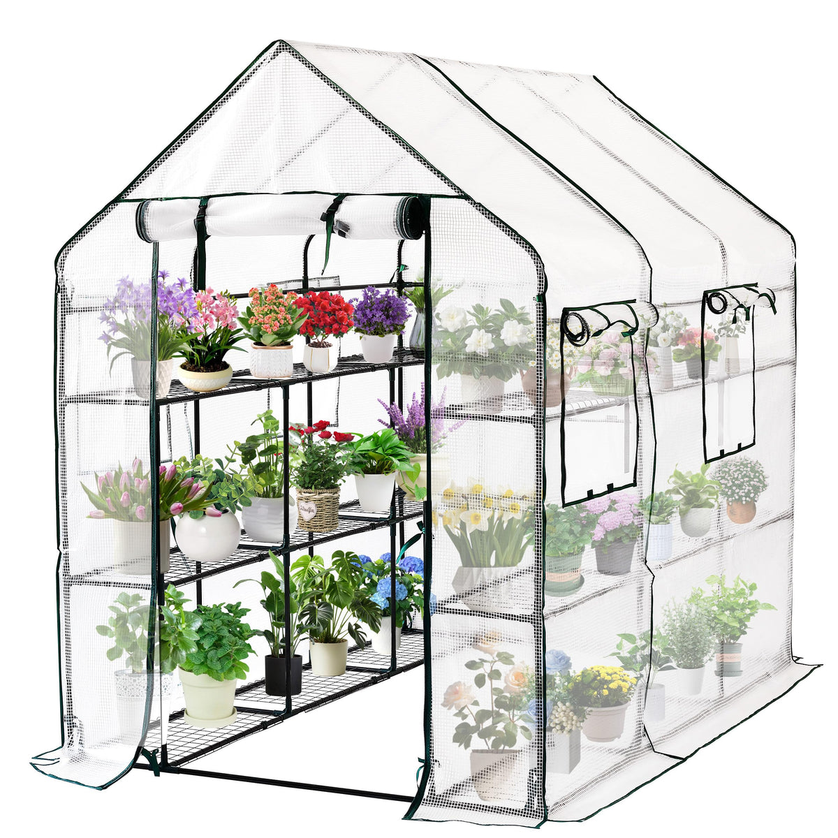 SUNGIFT walk-in greenhouse entrance with roll-up door for airflow and easy access.
