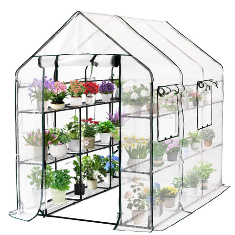 SUNGIFT walk-in greenhouse entrance with roll-up door for airflow and easy access.