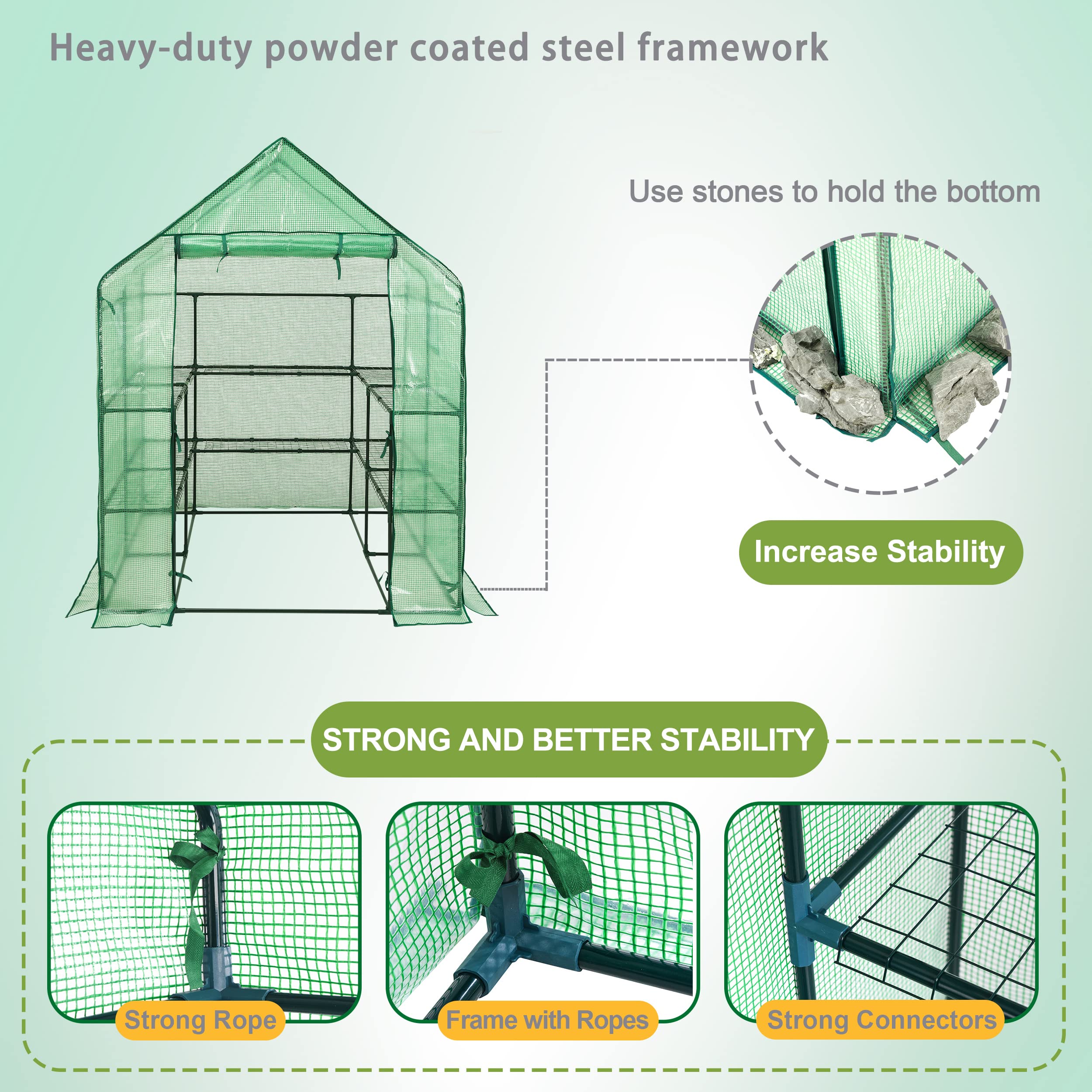 SUNGIFT Walk-in Greenhouse sturdy frame supports heavy pots and racks