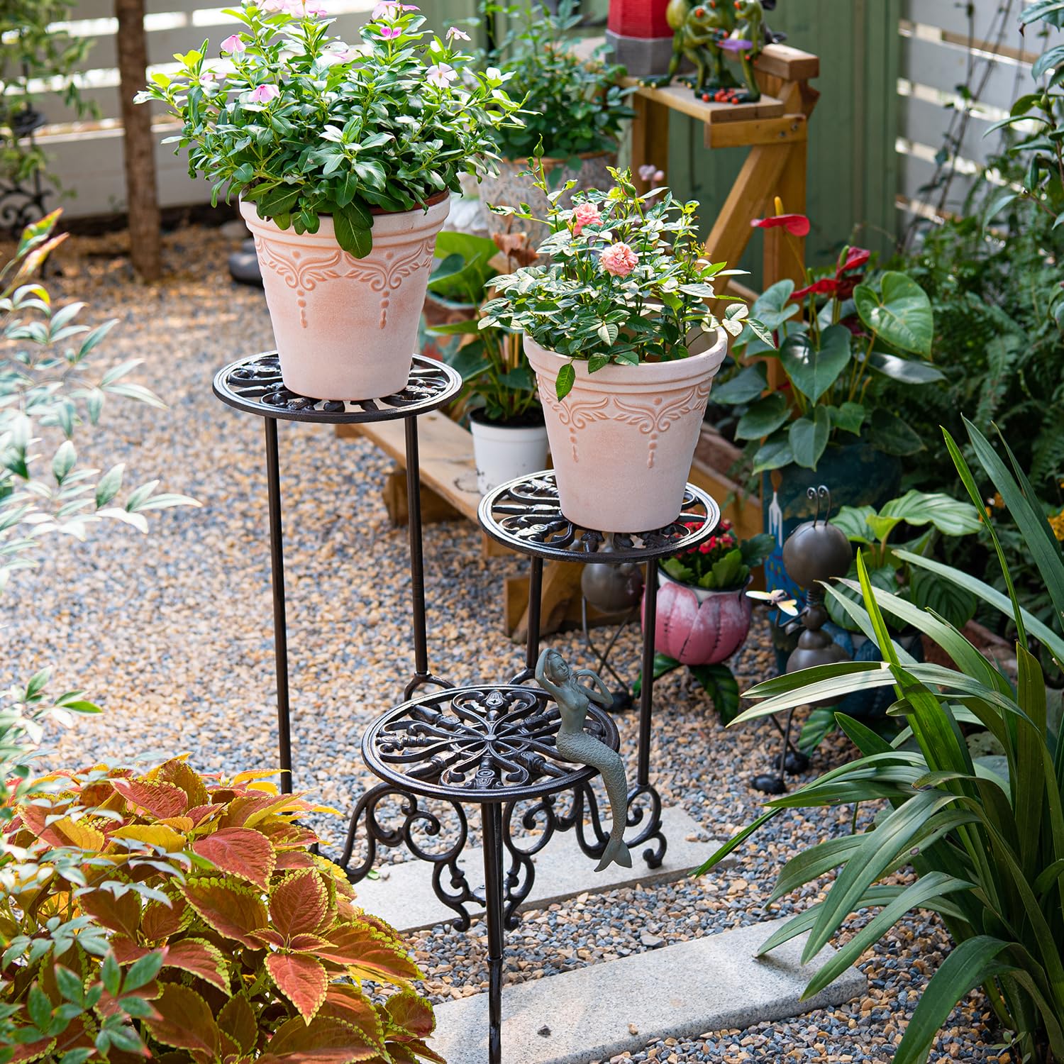 Sungmor 24-inch tall vintage plant display in a rustic finish beside a window.