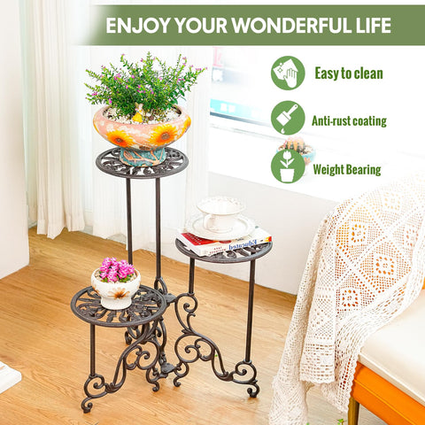 Sungmor ornate design plant shelf showcasing plants on multiple levels.