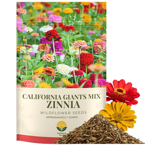 SunHaven Seeds California Giants Zinnia Mix seed packet ready for sowing in sunny gardens.